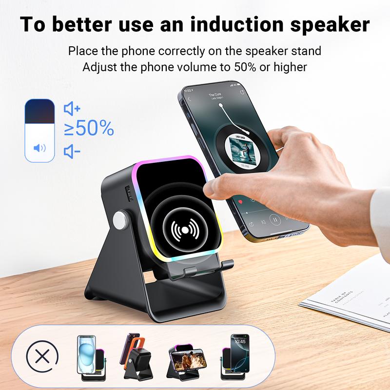 Wireless Induction Audio Speaker Stand, 5in1 Cellphone Holder, 3500mAh Rechargeable Emergency Power Bank,360° Adjustable Mobile Tablet Stand with Colorful Ambient Light Gifts for Men Women,TikTokShopBlackFriday - Image 2